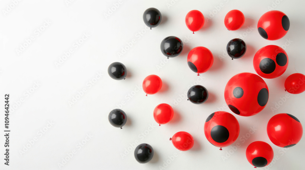Poster colorful red and black round balls with distinctive dot patterns arranged on a white surface perfect