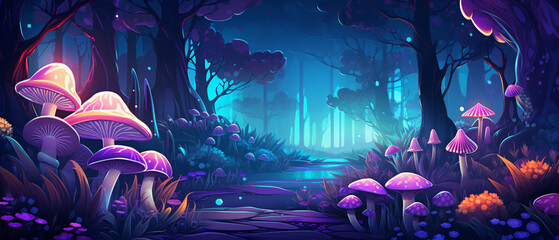 Fototapeta premium Magic luminous mushrooms in a game-level vector landscape, glowing in a fantasy world with vibrant colors.