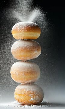 Three donuts stacked on top of each other with powdered sugar on top