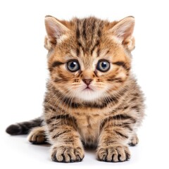 Obraz premium Lovely british shorthair kitten lying down and looking forward on a white background