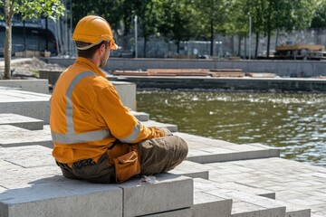 Construction worker resting by the river in an urban area during a sunny afternoon