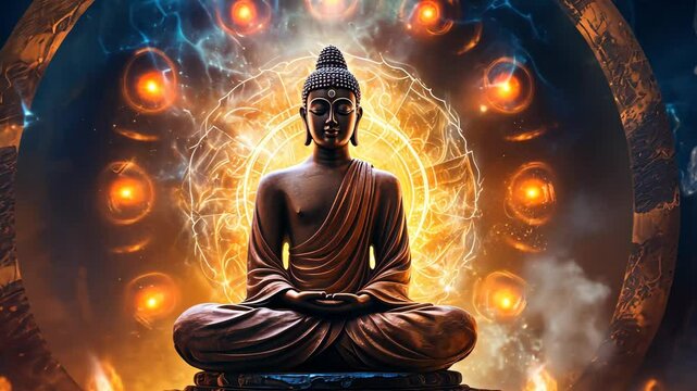 Spiritual meditation and enlightenment depicted in a vibrant setting with a statue of Buddha surrounded by light
