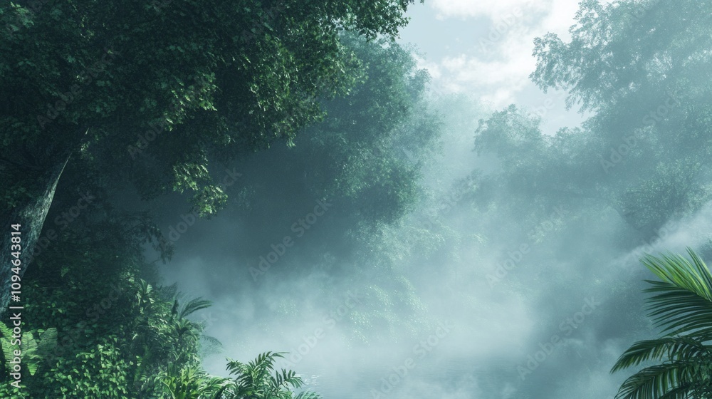 Poster a forest with a misty, cloudy sky. the trees are lush and green, and the atmosphere is serene and pe