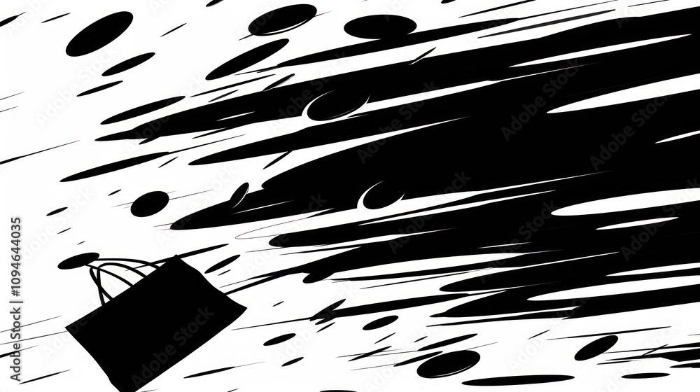 Poster black shopping bag in motion with dynamic abstract lines and shapes on white background representing