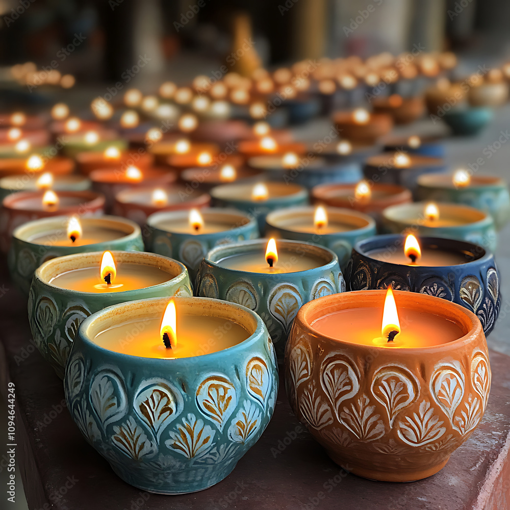 Poster decorative candles arranged in beautiful patterns, glowing softly in dark, create warm and inviting 