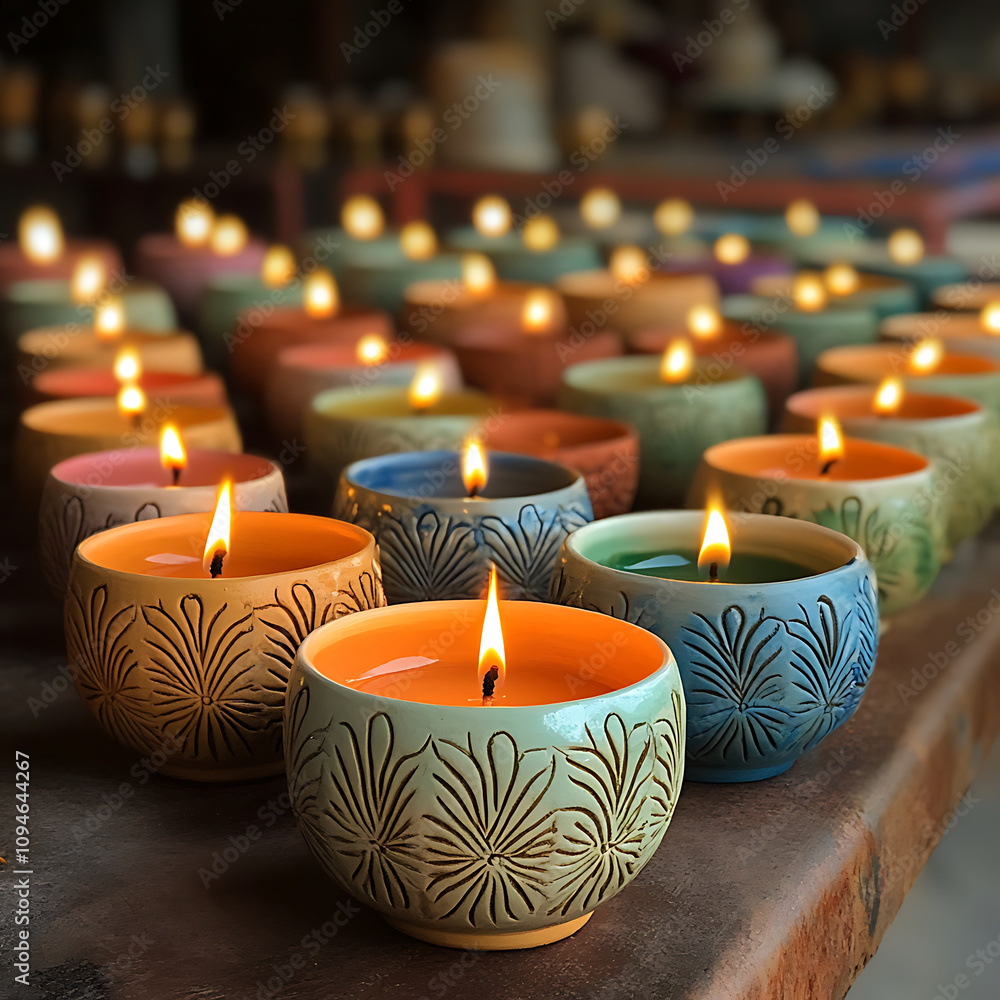 Poster decorative candles arranged in vibrant colors, creating warm and inviting atmosphere. soft glow of f