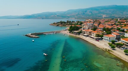 Obraz premium Aerial view of a coastal town with clear waters, boats, and scenic mountains in the background.