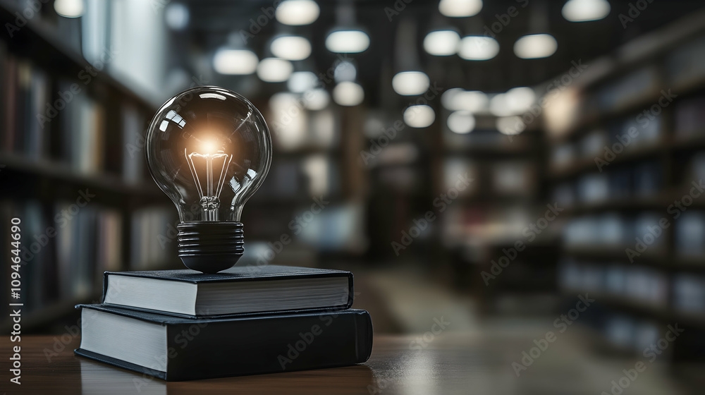 Poster glowing lightbulb on books in library setting: concept of knowledge and illumination