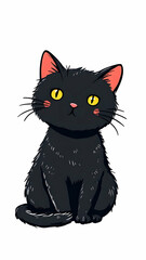 A charming illustration of a small black kitten with fluffy fur, sitting with yellow eyes and pink inner ears. The style is cute and cartoonish.