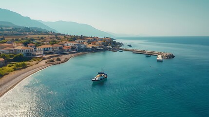 Fototapeta premium A serene coastal view featuring a small boat near a picturesque village and a calm sea.