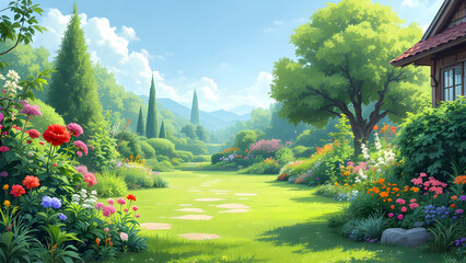 Obraz premium A picturesque garden scene unfolds, vibrant flowers bloom along a stone path leading towards a charming cottage nestled amidst lush greenery and rolling hills under a sunny sky.
