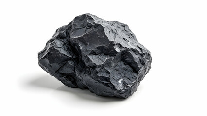 A large, darkgreyblack rock with a rough, uneven surface is isolated on a white background. The stone shows natural texture and fractures.