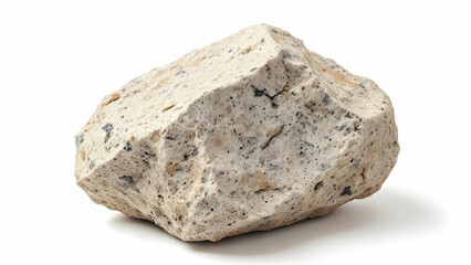 Fototapeta premium A single, irregularly shaped beige pumice stone with dark speckles is shown isolated on a white background. The texture is rough and porous.
