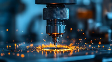 Close-up of a drill bit cutting through metal with sparks flying