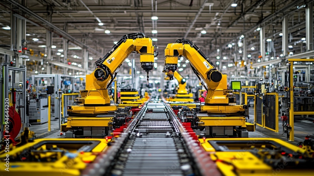 Poster two industrial robots on an assembly line in a factory