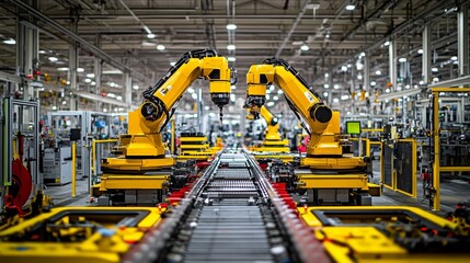 Fototapeta premium Two Industrial Robots on an Assembly Line in a Factory