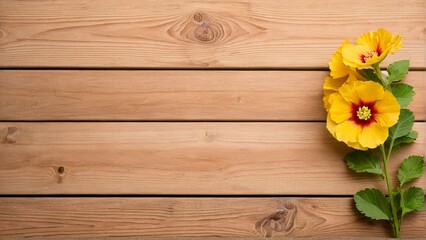 A bouquet of yellow flowers with red centers rests on a wooden surface, with a blank space in the center.