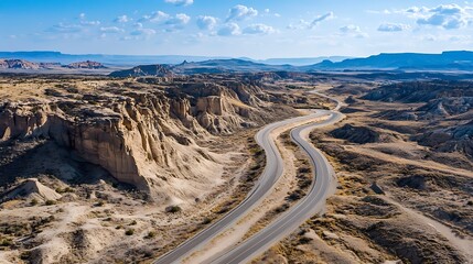 A long highway winding through a desert landscape with dramatic rock formations and clear blue skies. 