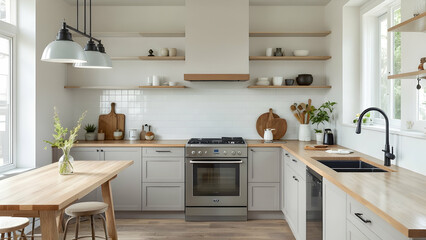 Fototapeta premium A contemporary kitchen features light wood countertops and a dining table, gray shaker cabinets, a stainless steel range, and black industrialstyle pendant lights.