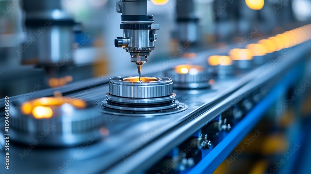 Poster automated manufacturing process with robotic arm assembling metal components on a conveyor belt