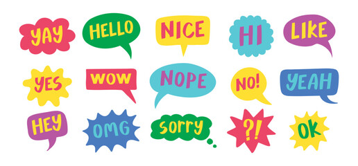 Thought bubbles handwritten words expressions, comic chat stickers collection. Speech clouds set. Funky typography design element, retro style messages. Like, yes, No, Wow and Ok.