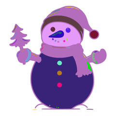 The snowman is wearing a purple hat and a purple scarf. He has a blue nose and black eyes. He is holding a snowflake in his hand. He also has a black scarf around his neck.