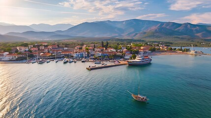 Fototapeta premium A picturesque coastal town with boats, mountains, and vibrant buildings under a serene sky.