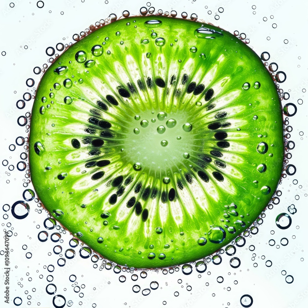 Poster close up of a kiwi slice immersed in bubbly water, creating a refreshing visual