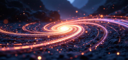 Abstract high-tech circular light pattern with floating orbs on a dark, textured surface resembling outer space.