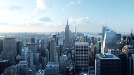 A panoramic view of a bustling city skyline featuring iconic skyscrapers under a clear blue sky.