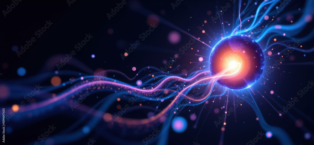 Poster abstract high-tech background with dynamic glowing elements, resembling neural networks or digital s