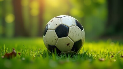 Fototapeta premium Dirty Soccer Ball on Grass in the Forest