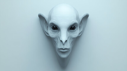 Naklejka premium A surreal, alien-like visage with elongated features, large black eyes, and pale skin, set against a minimalistic background.