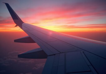 Obraz premium Vibrant sunset viewed from an airplane wing during evening flight over clouds