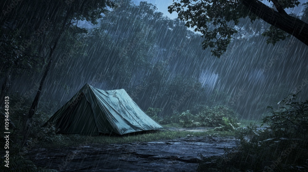 Poster a small green tent is sitting in the rain in a forest. the rain is coming down in sheets, and the te
