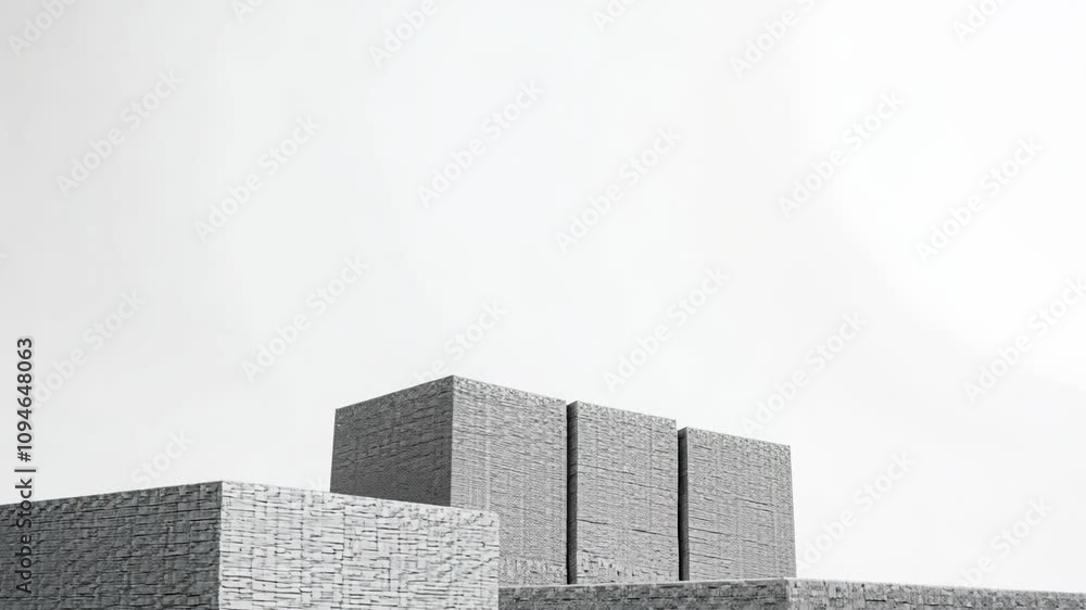 Poster monochromatic video of misaligned cube towers, panning and tilting upward, creating a sense of insta