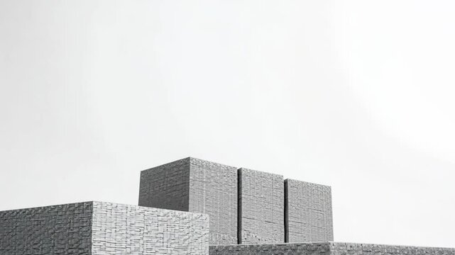 Monochromatic video of misaligned cube towers, panning and tilting upward, creating a sense of instability.