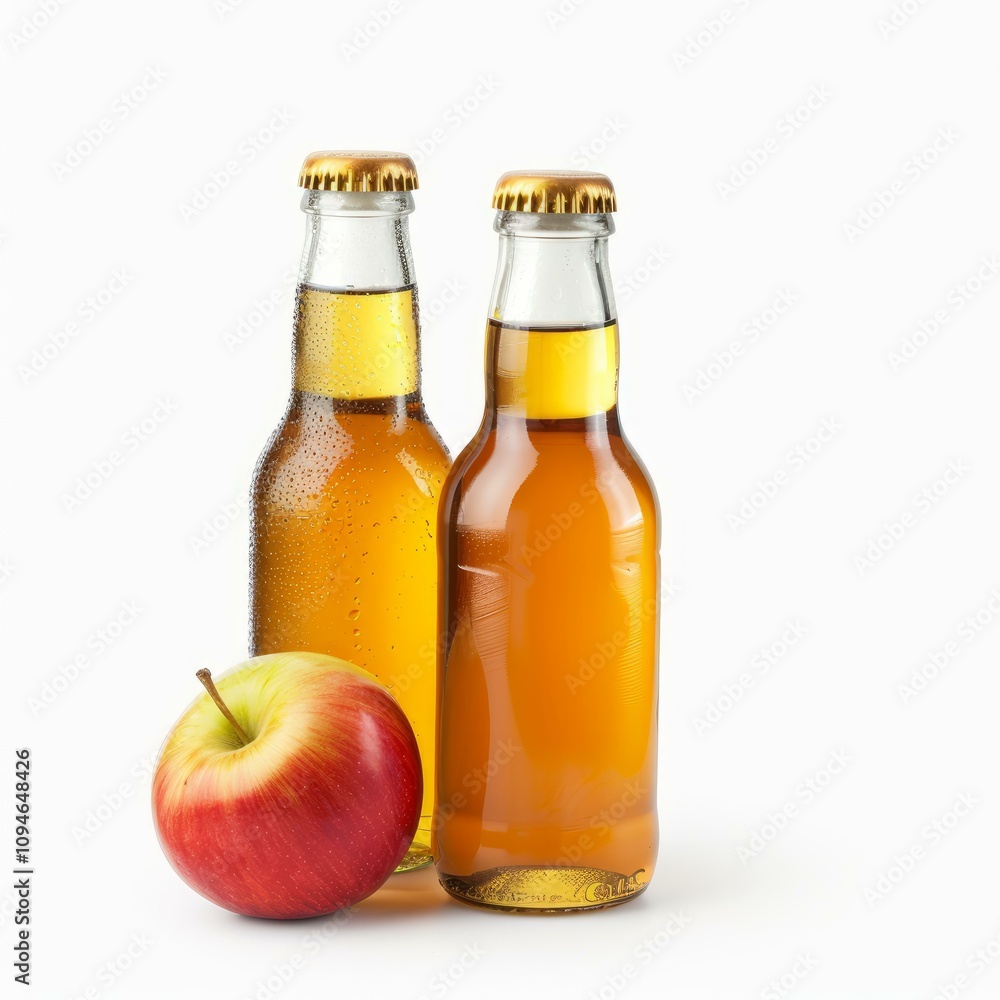 Poster refreshing sparkling apple cider in glass bottles with condensation and a ripe red apple on a white 