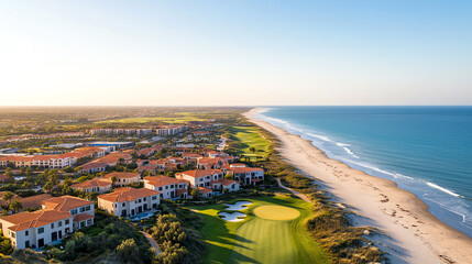Aerial view of a coastal resort with sandy beach, golf course, and colorful buildings under a clear sky at sunset.