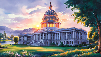 Fototapeta premium most beautiful water color of California State Capitol, highly details