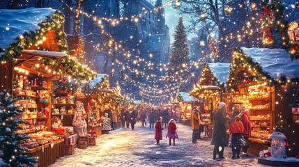 Fototapeta premium Happy children enjoying christmas market during snowfall in a european city