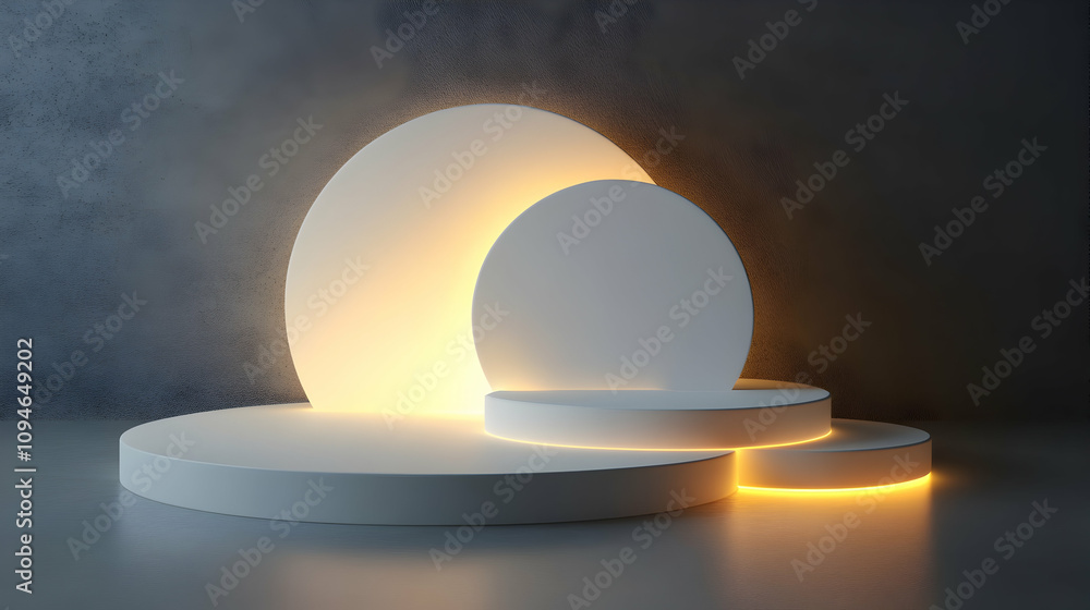 Poster abstract 3d render of illuminated circular platforms against a dark background