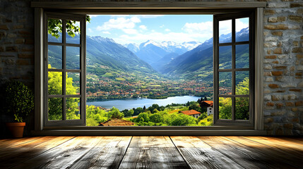 Scenic Mountain Lake View from Rustic Wooden Window