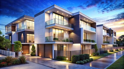 Fototapeta premium Sleek white modular townhouses offer contemporary architecture with spacious balconies, enriching residential living. These designs combine style and functionality for a modern urban lifestyle.
