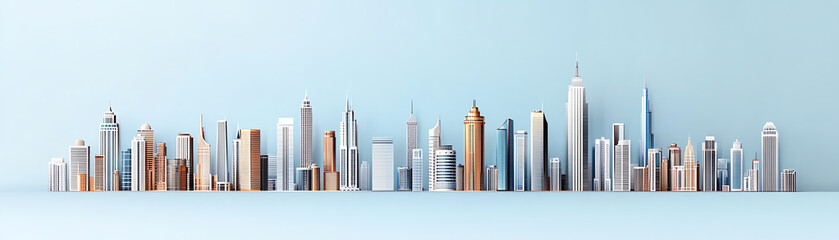 A panoramic view of a modern city skyline showcasing various architectural styles and skyscrapers against a light blue background.