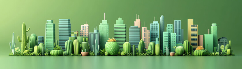 A vibrant green city skyline featuring modern skyscrapers integrated with nature, showcasing eco-friendly architecture and lush vegetation.