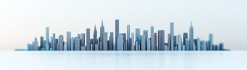 Fototapeta premium A panoramic view of a modern city skyline featuring sleek skyscrapers against a light background, conveying a sense of urban architecture and design.