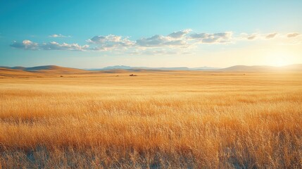 Obraz premium Golden wheat field at sunset, vast landscape.