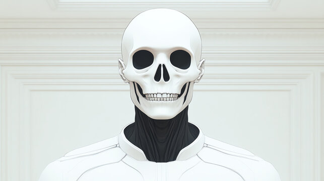 A futuristic, stylized skeleton figure with a white exterior and black facial features, set against a minimalist white background.