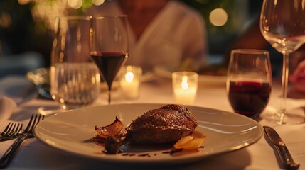 Elegant Dinner Setting Featuring Gourmet Meat Dish on White Plate Surrounded by Wine Glasses and Candlelight in Atmospheric Restaurant Ambiance